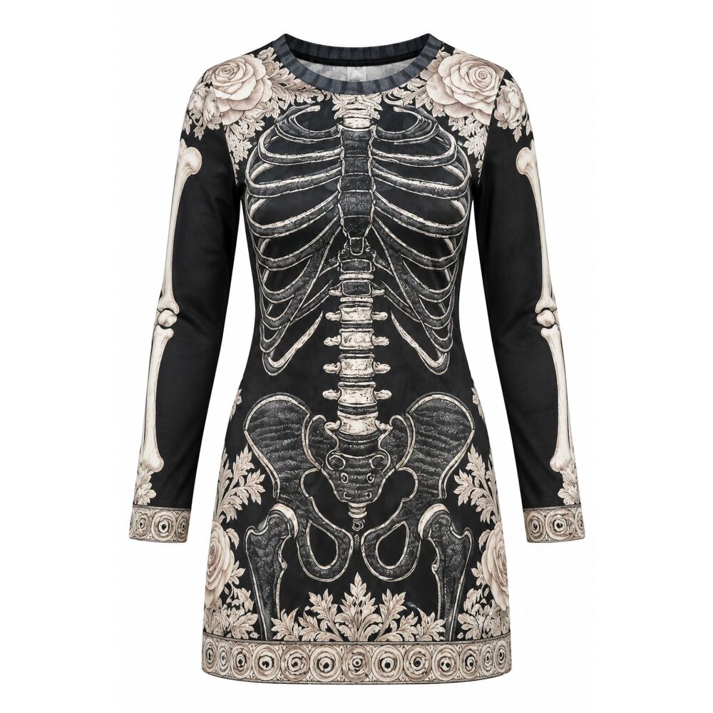 Black Skeleton Ribcage Rose Graphic Long Sleeve Dress